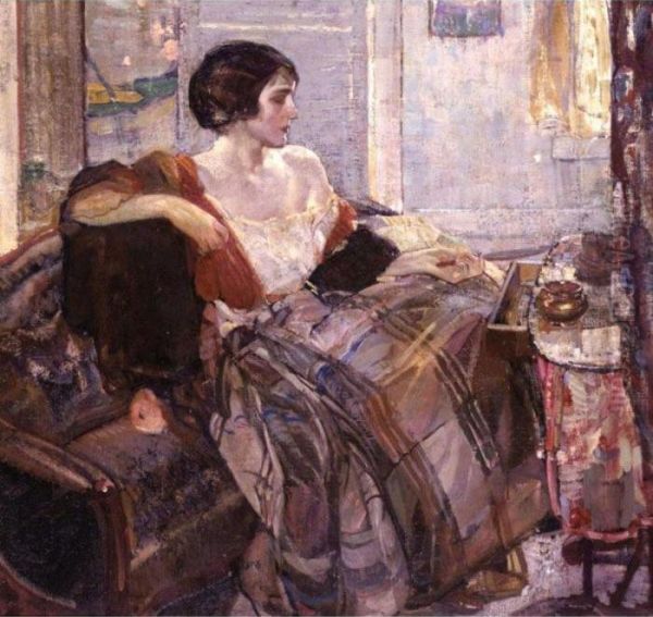 Woman Seated At Dressing Table Oil Painting by Richard Emile Miller