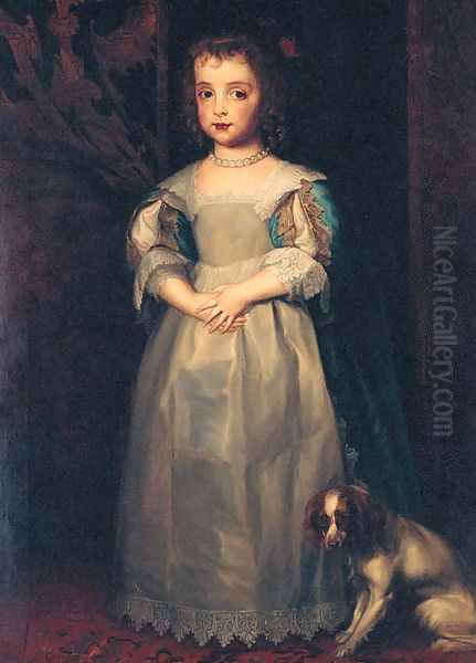 Portrait of Princess Mary, full-length, in a blue and white dress and pearl necklace, a King Charles spaniel at her feet Oil Painting by Sir Anthony Van Dyck