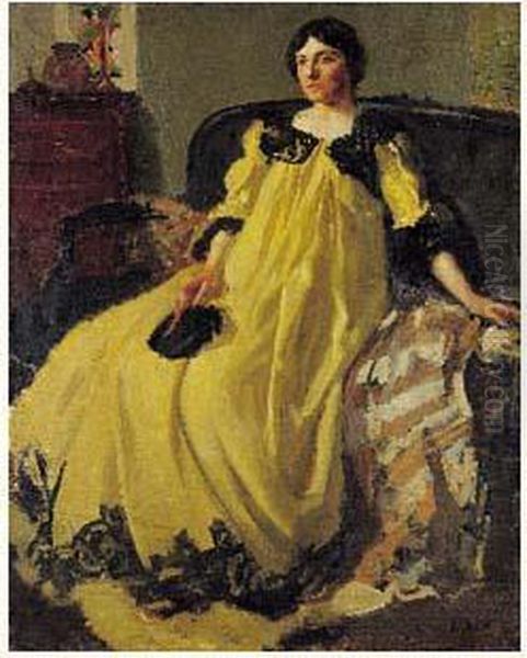 Elegante A La Robe Jaune, Circa 1910 Oil Painting by Richard Emile Miller