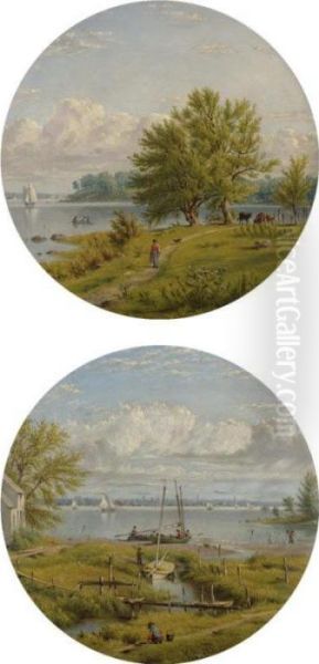 View Across The Hudson To New York: A Pair Of Paintings Oil Painting by William Rickarby Miller