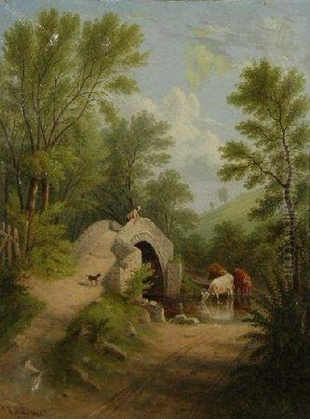 Cattle Watering Beneath A Footbridge Oil Painting by William Rickarby Miller