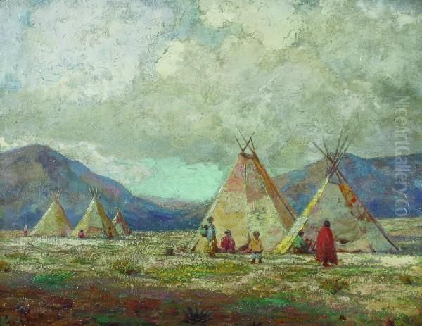 Indian Encampment Oil Painting by Royal Hill Milleson