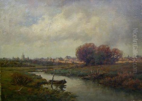 Landscape With Creek, Village In Distance Oil Painting by Royal Hill Milleson