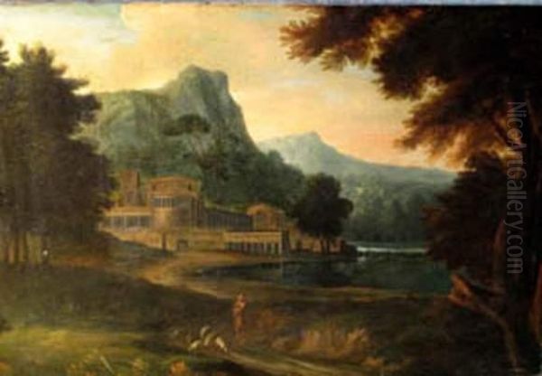 Arcadic Landscape With Fortress And Herdsmen Oil Painting by Francisque I Millet