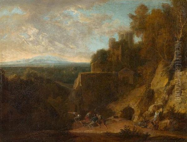 Landscape With Ruins And Fighting Figures. Oil Painting by Francisque I Millet