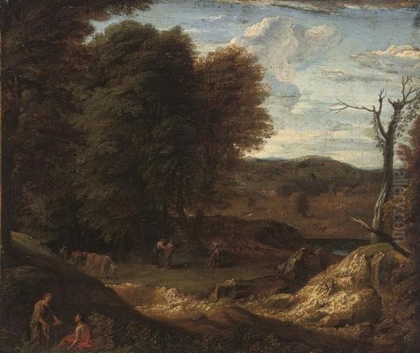 A Wooded River Landscape With Classical Figures Oil Painting by Francisque I Millet