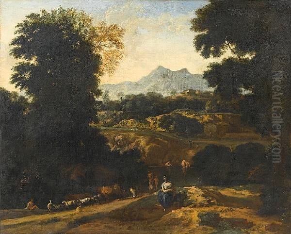 A Wooded River Landscape With 
Figures Bathing And A Drover With His Flock On A Path Nearby Oil Painting by Francisque I Millet