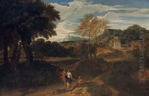 A Mountainous Landscape With 
Travellers Conversing With A Beggar, A Shepherd With His Flock And A 
Villa Beyond Oil Painting by Francisque I Millet