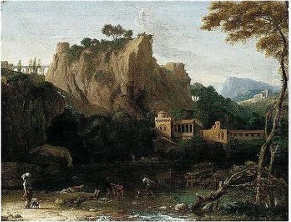 A Classical Landscape With Figures Beside A Lake Oil Painting by Francisque I Millet