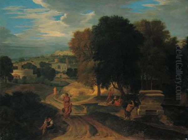 Figures In A Classical Landscape Oil Painting by Francisque I Millet