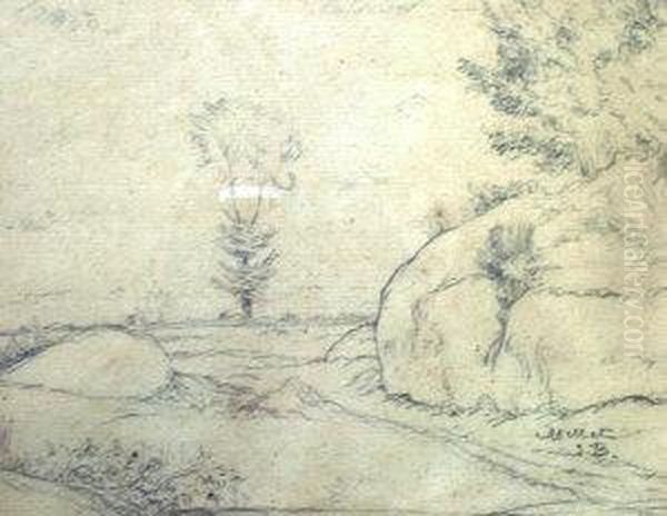 Rural Landscape; Pencil, Signed, 18x23cm Oil Painting by Jean-Francois Millet