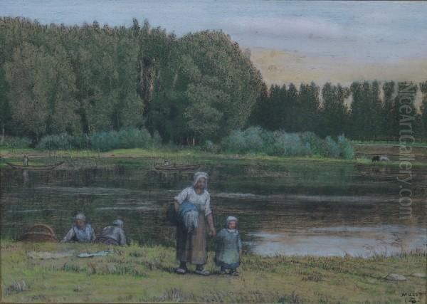 Figures At A Pond Oil Painting by Jean-Francois Millet