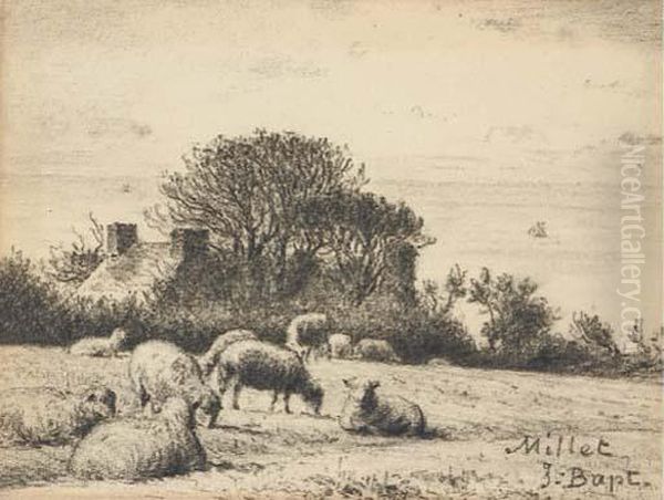 Des Moutons Dans Un Pre, Une Chaumiere Au Fond Oil Painting by Jean-Francois Millet