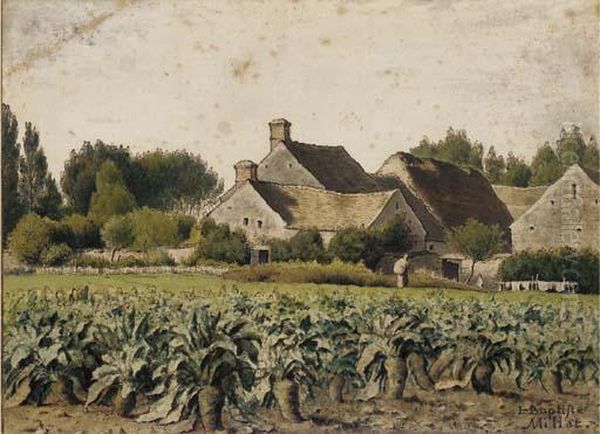 A Landscape With A Field Of Mangold Wurzels, A Hamlet With Two Figures Beyond Oil Painting by Jean-Francois Millet