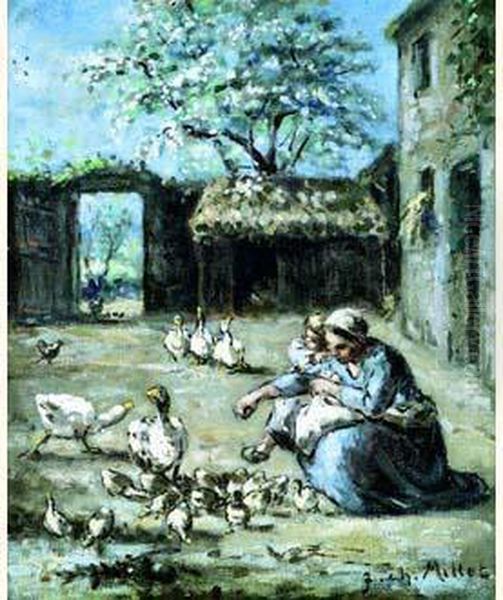 Fermiere Et Son Enfant Devant Ses Oies Oil Painting by Jean-Charles Millet