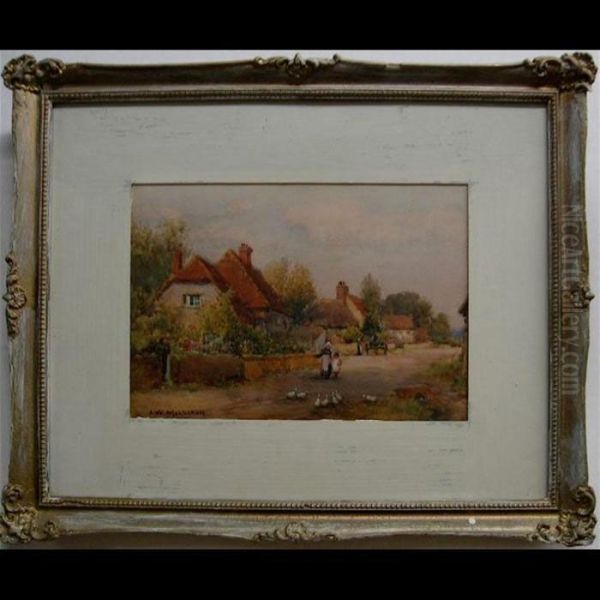 Thatched Cottages With Figures And Ducks Oil Painting by James W. Milliken