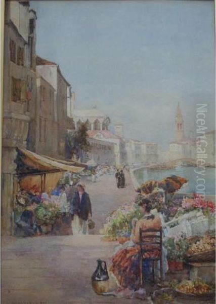 Market Stalls, Venice Oil Painting by James W. Milliken