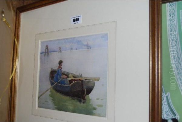 Figure In An Open Boat, Possibly On The River Mersey Oil Painting by James W. Milliken