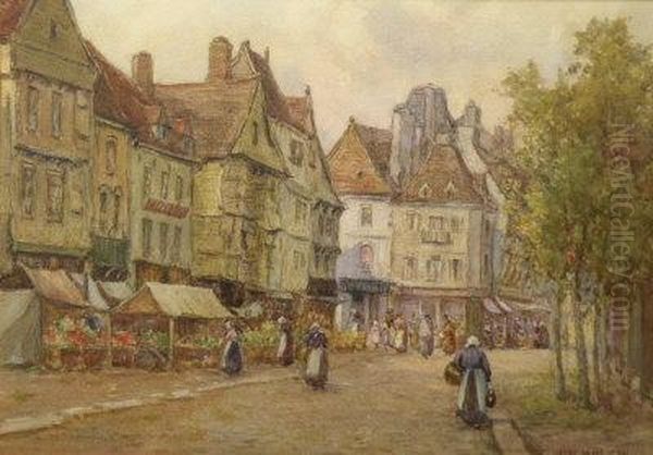 Market Place, Lannion Oil Painting by James W. Milliken