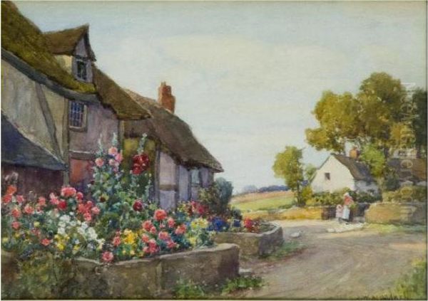 Village Street Scene Oil Painting by James W. Milliken