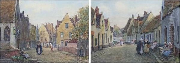 A Street Scene In Bruges, And Another Similar, A Pair Oil Painting by James W. Milliken