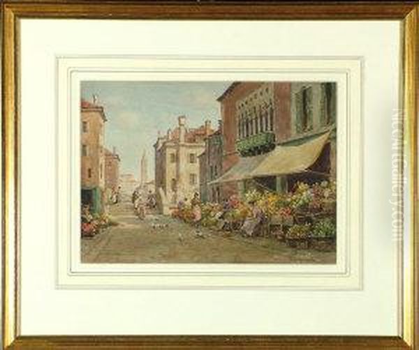 A Flower And Vegetable Market, Venice Oil Painting by James W. Milliken