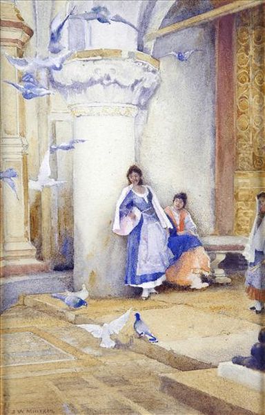 A Spanishsquare, With Figures And Pigeons Oil Painting by James W. Milliken