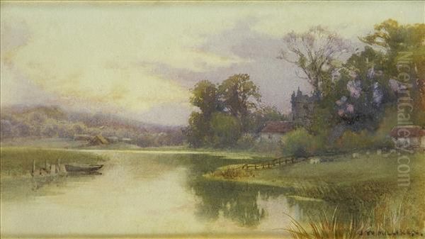 A Quietriver, With Ferry And Church Beyond Oil Painting by James W. Milliken