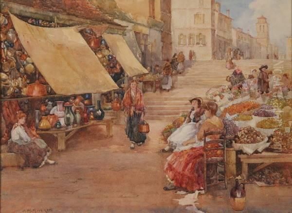 Women In Market Place With Fruit Baskets Oil Painting by James W. Milliken