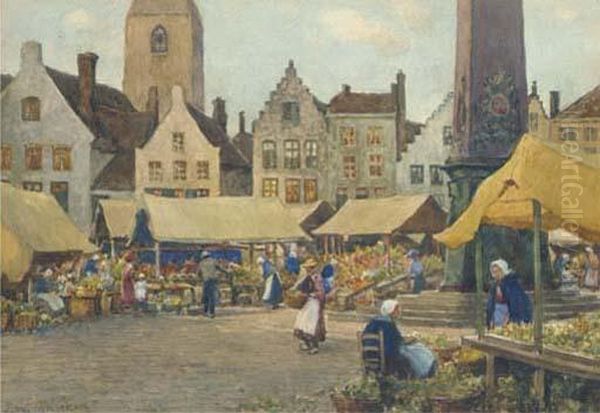 A Dutch Flower Market Oil Painting by James W. Milliken