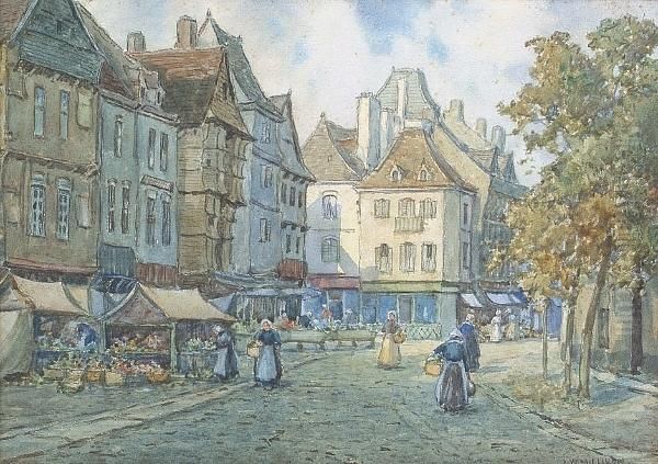 Market Day, Lanion; Evening, Hesden Oil Painting by James W. Milliken