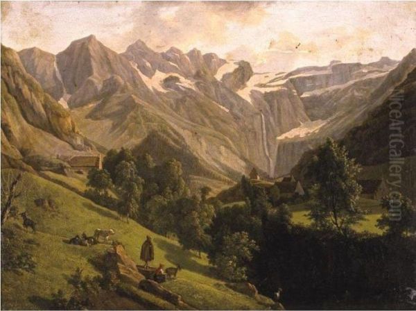 View Of The Canyon And Waterfall Of Gavarnie Oil Painting by Alexandre Louis R. Millin Du Perreux