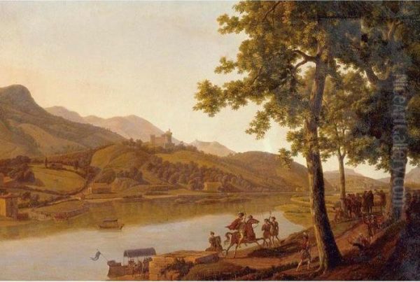 Nobles Disembarking Along The Banks Of A River Oil Painting by Alexandre Louis R. Millin Du Perreux