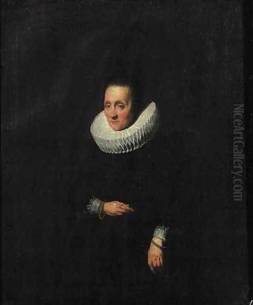 Portrait of a lady, aged 58, small three quarter length, wearing a black dress with molenkraag and cuffs, golden bracelets Oil Painting by Sir Anthony Van Dyck