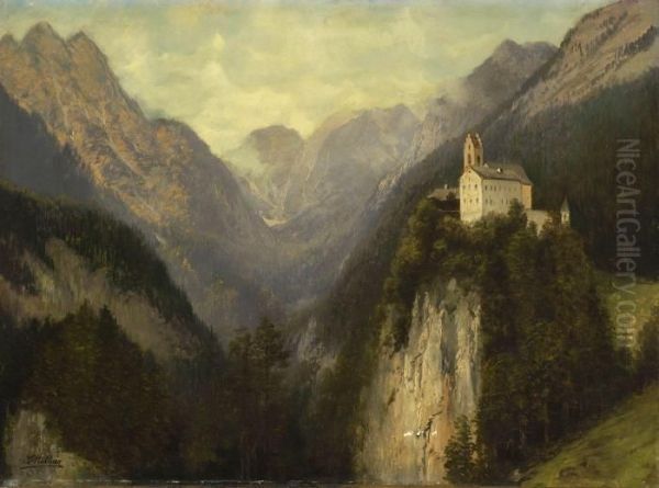 Burg Mit Kirche Auf Einem Felssporn Oil Painting by Karl Millner