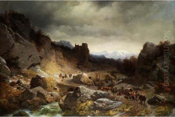 Hochgebirgslandschaft Mit Alpenpassstrasse Und Ziehenden Bauern Mit Vieh Und Karren Oil Painting by Karl Millner