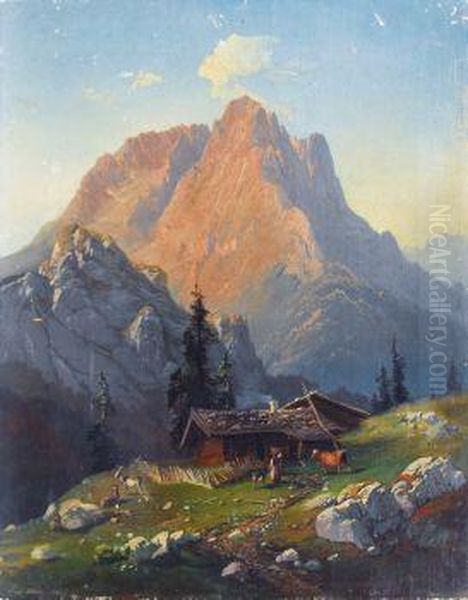 Hochgebirgslandschaft Mit Almhutte Oil Painting by Karl Millner