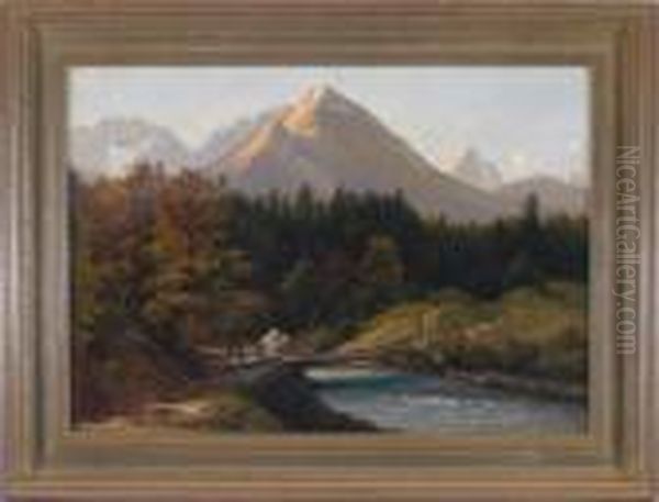 Blick Von Einem Bach Mitholzsteg Am Waldrand Ins Gebirge Im Morgenlicht Oil Painting by Karl Millner