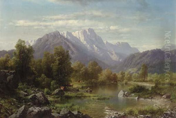 Mountain Landscape With Cattle Watering By A Lake Oil Painting by Karl Millner