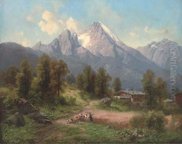 Harvesters In An Alpine Landscpe Oil Painting by Karl Millner