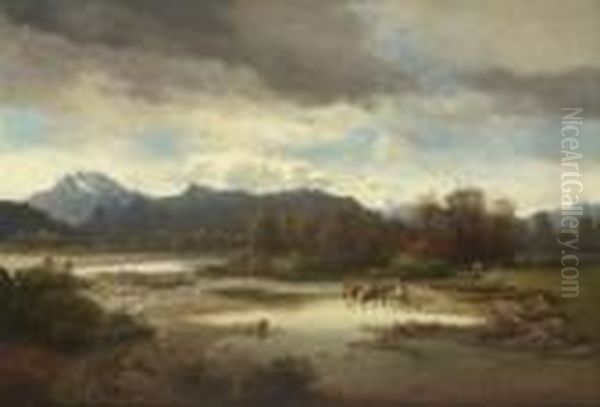 Oberbayerische Flusslandschaft
 (isartal Bei Tolz?). Oil Painting by Karl Millner