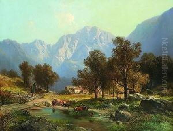 Gehoft Im Gebirgstal. Oil Painting by Karl Millner