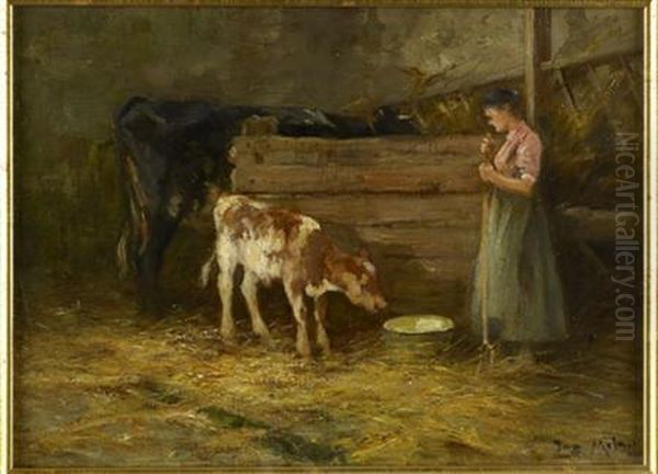 Tending The Calf Oil Painting by Joseph Milner