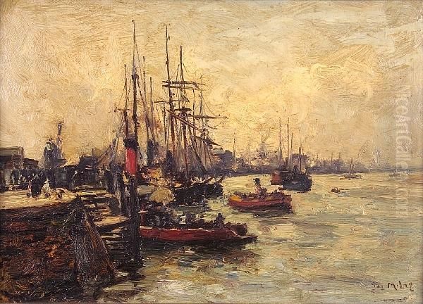 A Busy River Scene Oil Painting by Joseph Milner