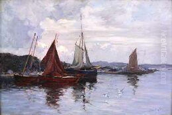 Fishing Boats In Harbour Oil Painting by Joseph Milner