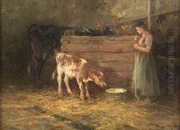 Tending The Calf Oil Painting by Joseph Milner