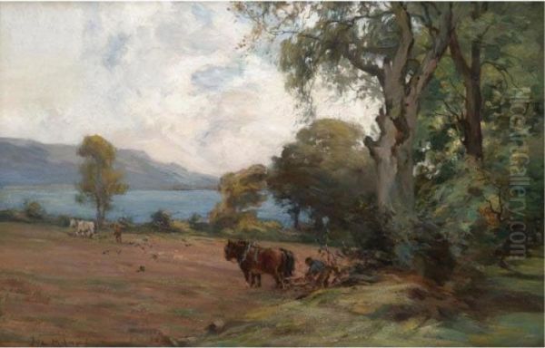 Ploughing Fields; Horses Grazing Oil Painting by Joseph Milner