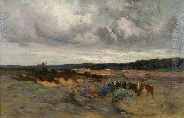 Cattle Grazing, Stormy Skies Oil Painting by Joseph Milner