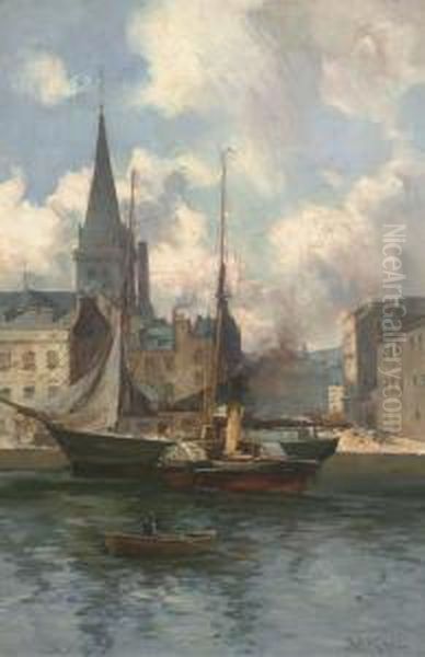 A Tug Boat And Row Boat Before A Sailing Ship Oil Painting by Joseph Milner