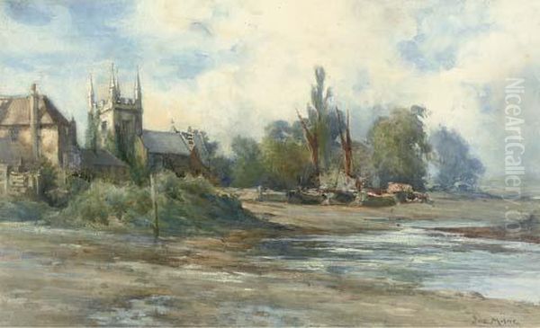 A Church Beside A River Bank At Low Tide Oil Painting by Joseph Milner